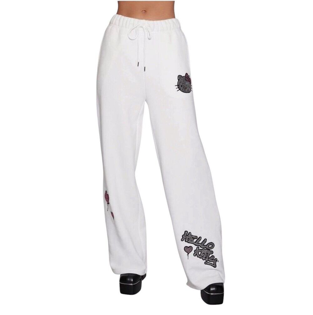 Hello Kitty x F21 Wide Leg Sweatpants White Rhinestone S Graphic NWT LIMITED EDT